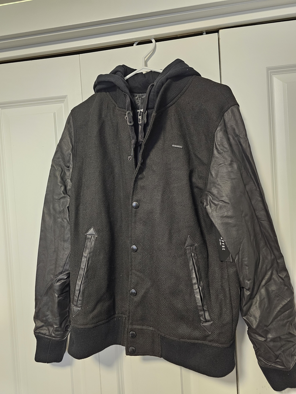 Empyre Black Hooded Wool Bomber Jacket with Leather Sleeves